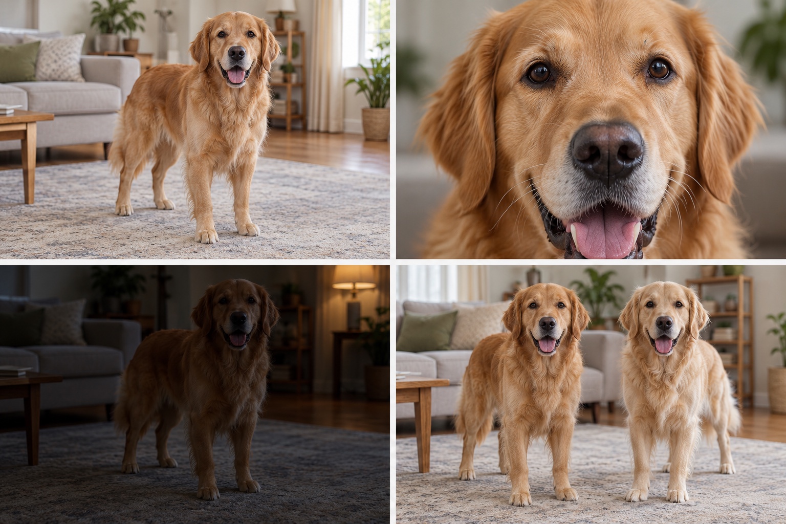 Four illustrated dog-photo choices: a clear full-body view, a tight face crop, an underexposed view and two dogs together.