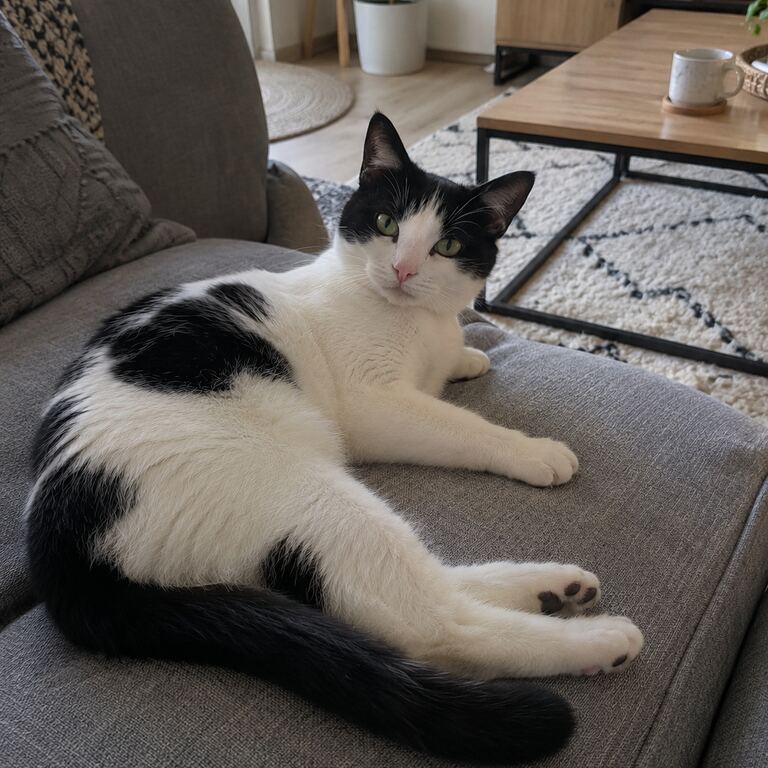 Originalfoto einer schwarz-weißen Katze, die auf einem Sofa liegt